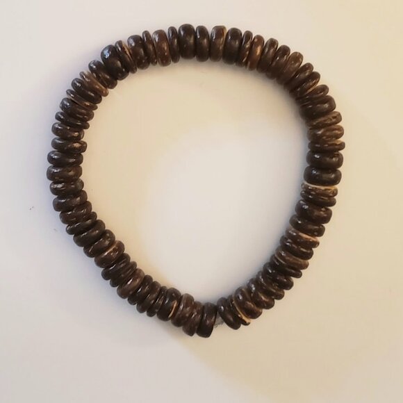 Coconut Shell Bracelet Beaded Elastic Cord Stretchy Brown Tan Beachy - Picture 3 of 5